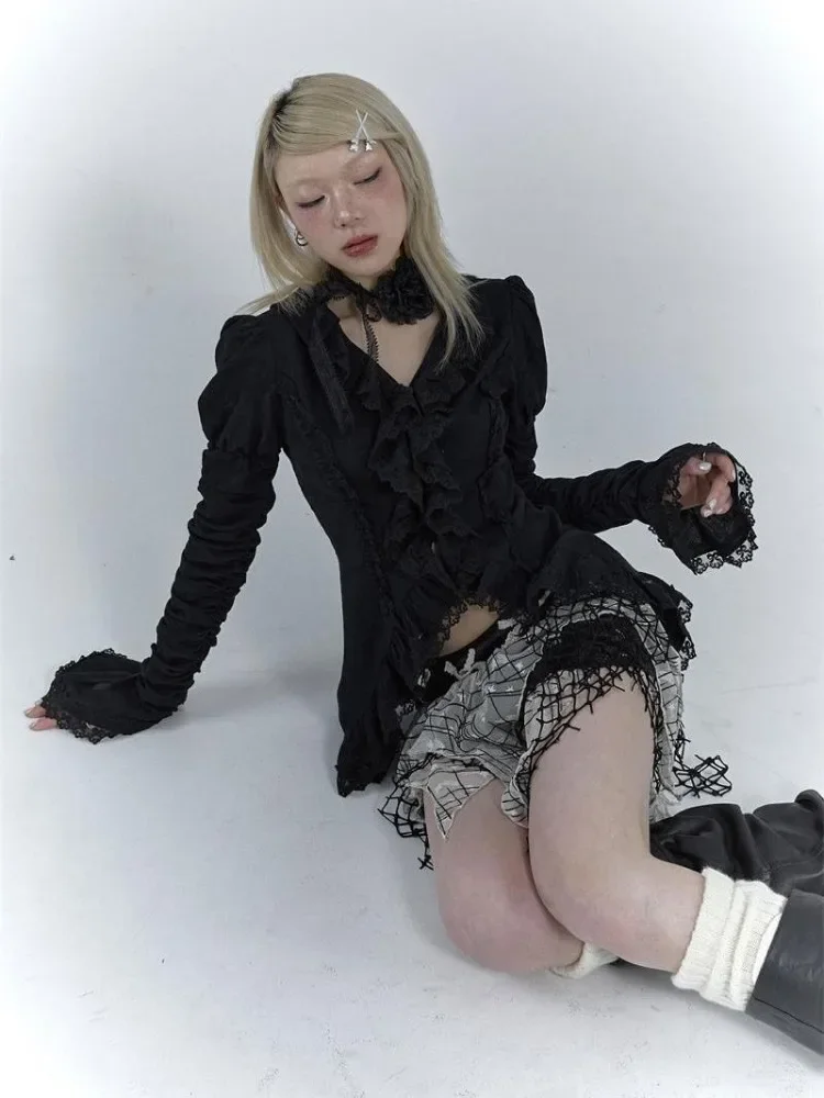 

Vintage V-neck Ruffles Thin Black Shirts Women Y2k Grunge Slim Fit Ruched Blusas Mujer 2025 Spring New Flare Sleeve Blouses