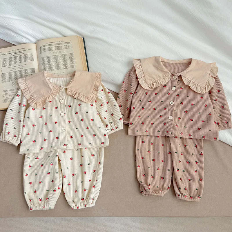 2024 New Spring Newborn Baby Girls Clothing Suit Long Sleeved Waffle Cotton Printing Cardigan+Pants Infant Baby Girl Clothes Set