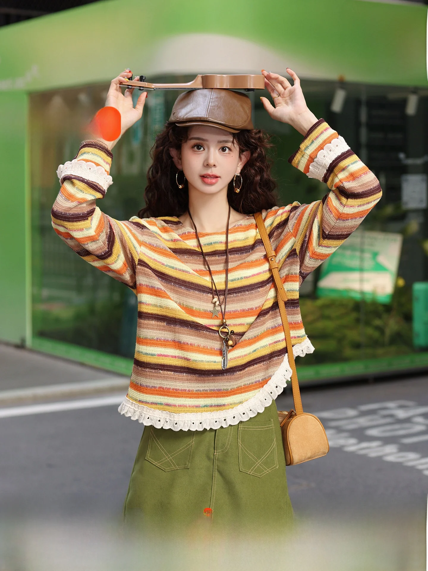 

Chen Jiajie Early Spring Striped Loose Women's T-shirt Patchwork Versatile 2026 Ultra Popular Anti-Aging Top Orange Fruits Pl...