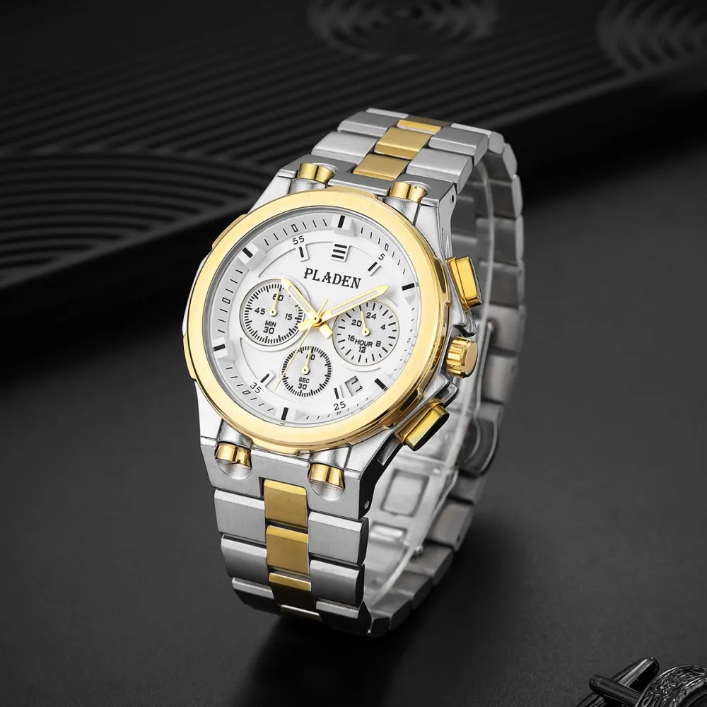PLADEN Luxury Men Quartz Watch Two-Tone Gold Silver Stainless Steel Multifunctional Waterproof Business Sports Wrist Watch