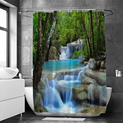 1 Pcs Mountain Creek Water Waterproof Bathroom Curtain, Summer Cool Forest Tree Water Bathroom Decoration, with 12 Plastic Hooks