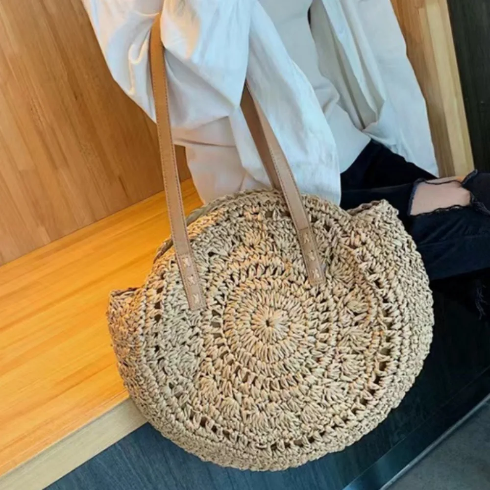 

Round Shoulder Straw Bag Handmade Hollow Woven Large Capacity Beach Women Designer Bag Purses and Handbags Tote Bags for Women