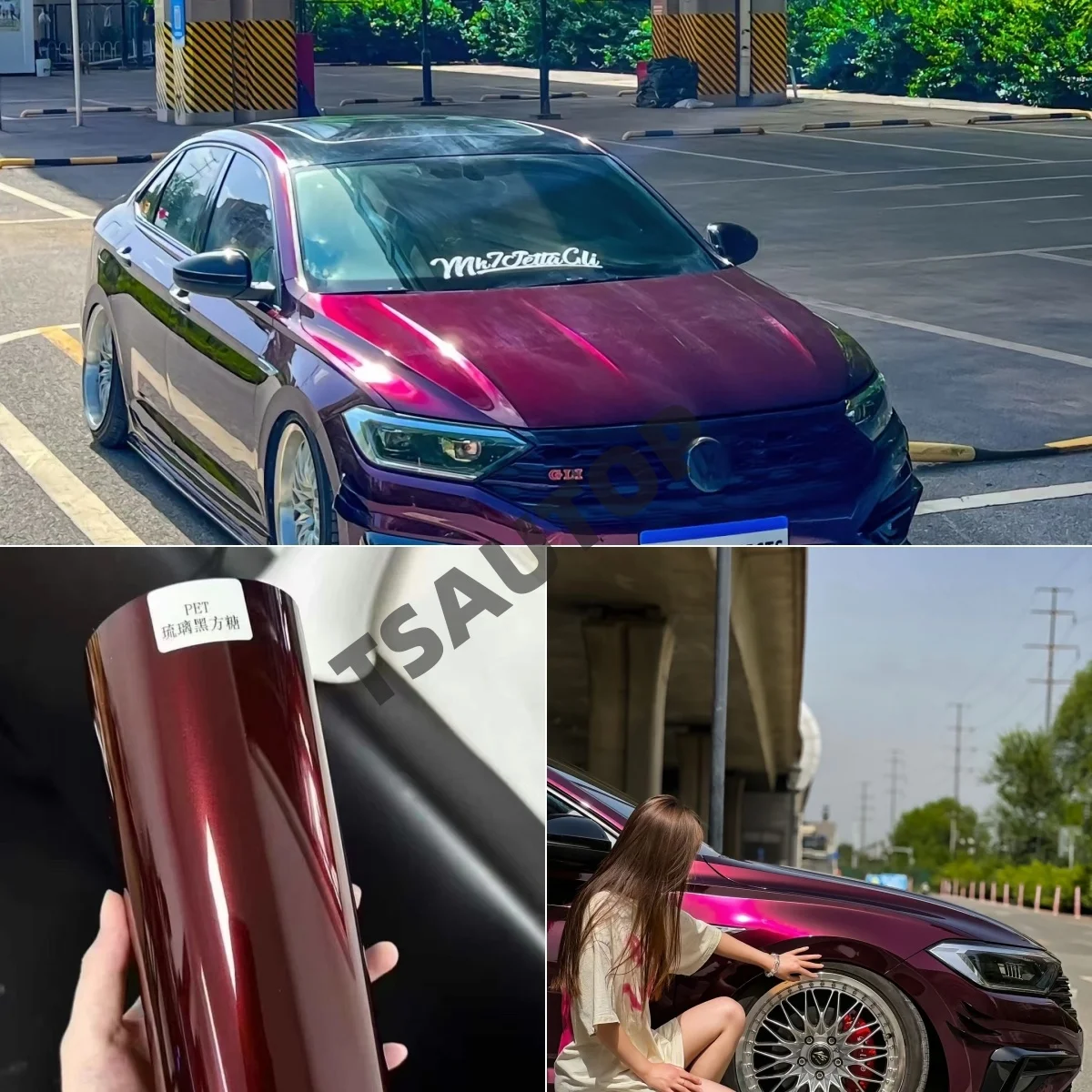 Glossy Metallic PET Automotive Wrap Film, DIY Car Wrap, Black, Red with Installation Guide for Vehicle Body Decoration