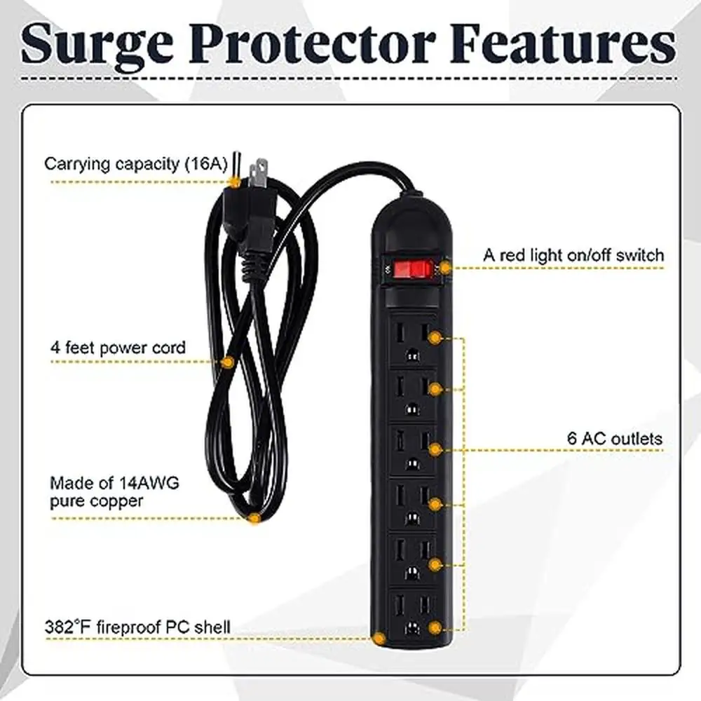 6 Outlet Surge Protector Power Strip 4ft Extension Cord with Switch Power Cord Flat Plug Safe Reliable Material Overload