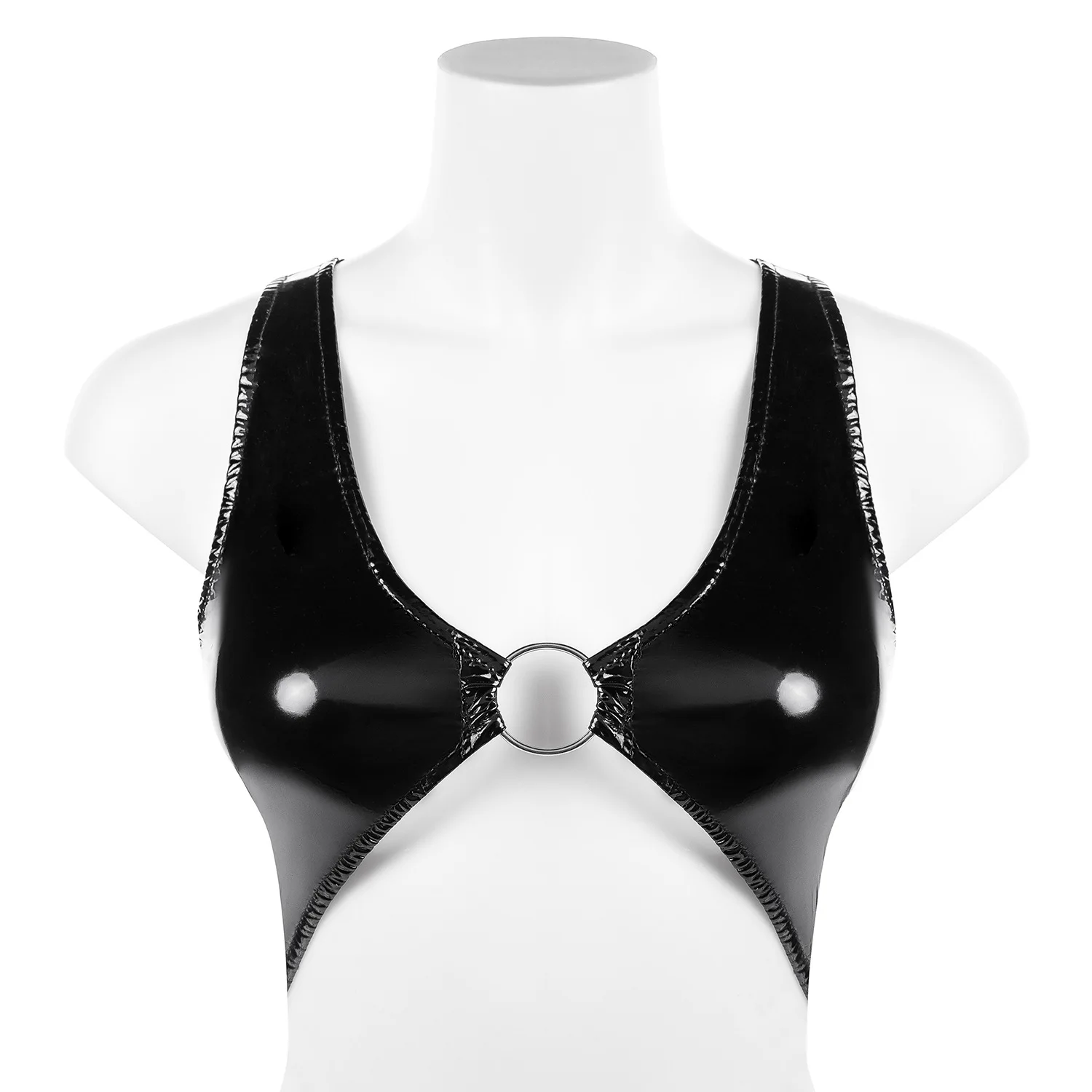 New Women Sexy Shiny Leather Vest Erotic Deep V Bare Breast Patent Leather Camisole Glossy Shaping Latex Sheath Crop Tank Tops