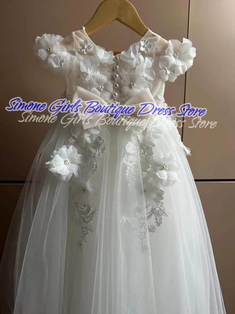 Flor pérola decoração branco vestido de princesa vestidos da menina de flor para cerimônias de casamento celebração do feriado recepções formais