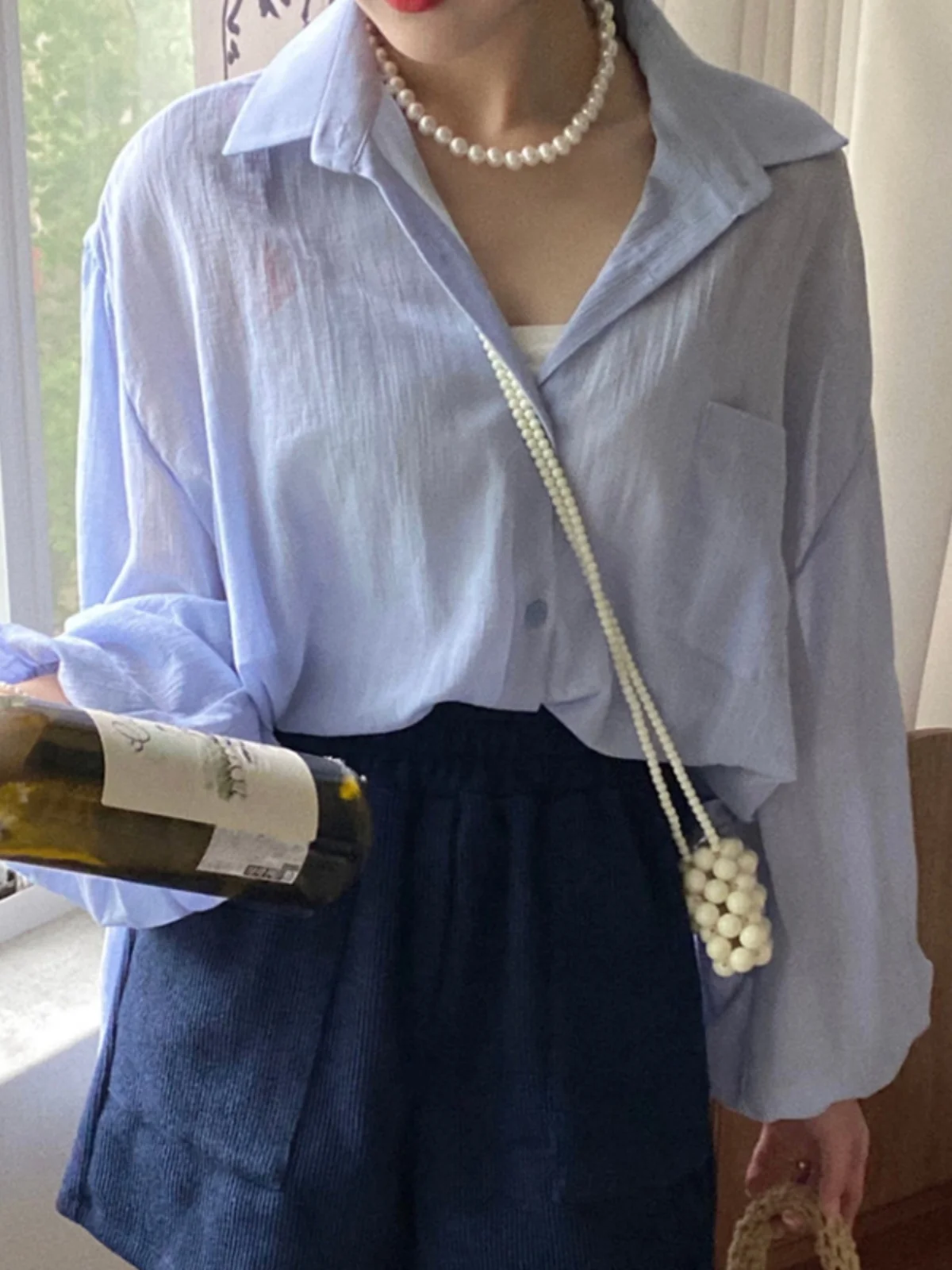 قميص نسائي رقيق للحماية من الشمس للربيع والصيف، تصميم بفتحة خلفية وربطة، أكمام طويلة، قميص فضفاض بلون واحد مع أزرار