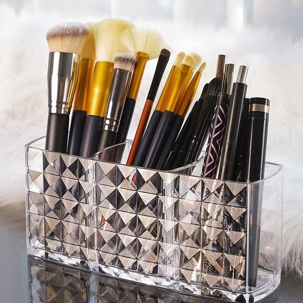 Organisateur de pinceaux de nail art à 3 compartiments, support de rangement de bureau pour eye-liner et stylos cosmétiques, présentoir en acrylique pour pinceaux de maquillage