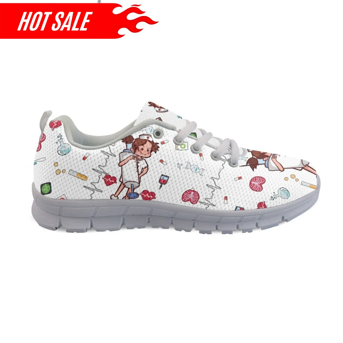 Women Lace Up Nurse Shoes Syringe Medical Heartbeat Pattern Female Casual Mesh Flats Sneaker Girls Zapatillas Mujer