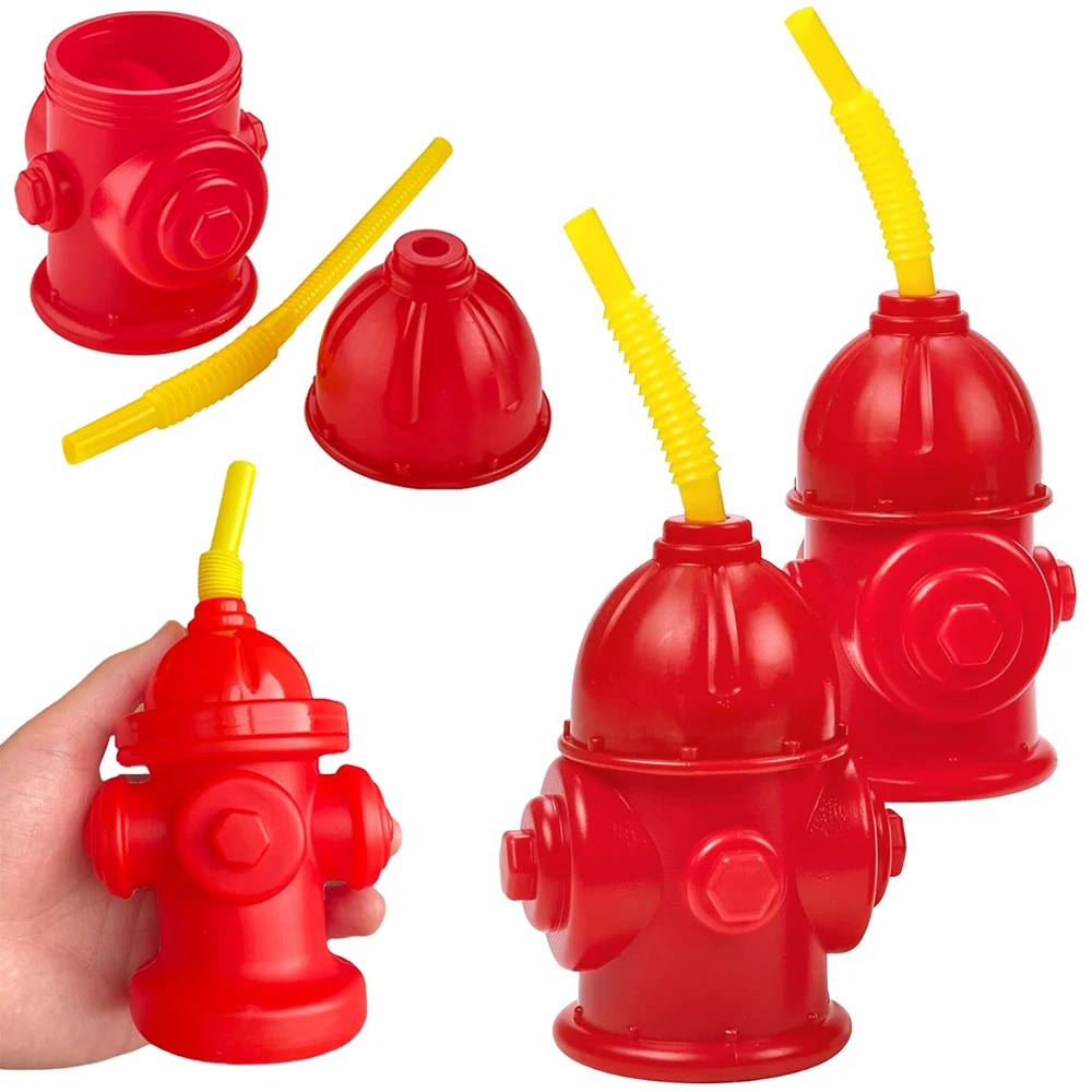 

4/6/10Pcs Fire Hydrant Straw Cups With Lid Red Plastic Water Cup for Kids Firefighter Fire Truck Birthday Party Decoration Favor