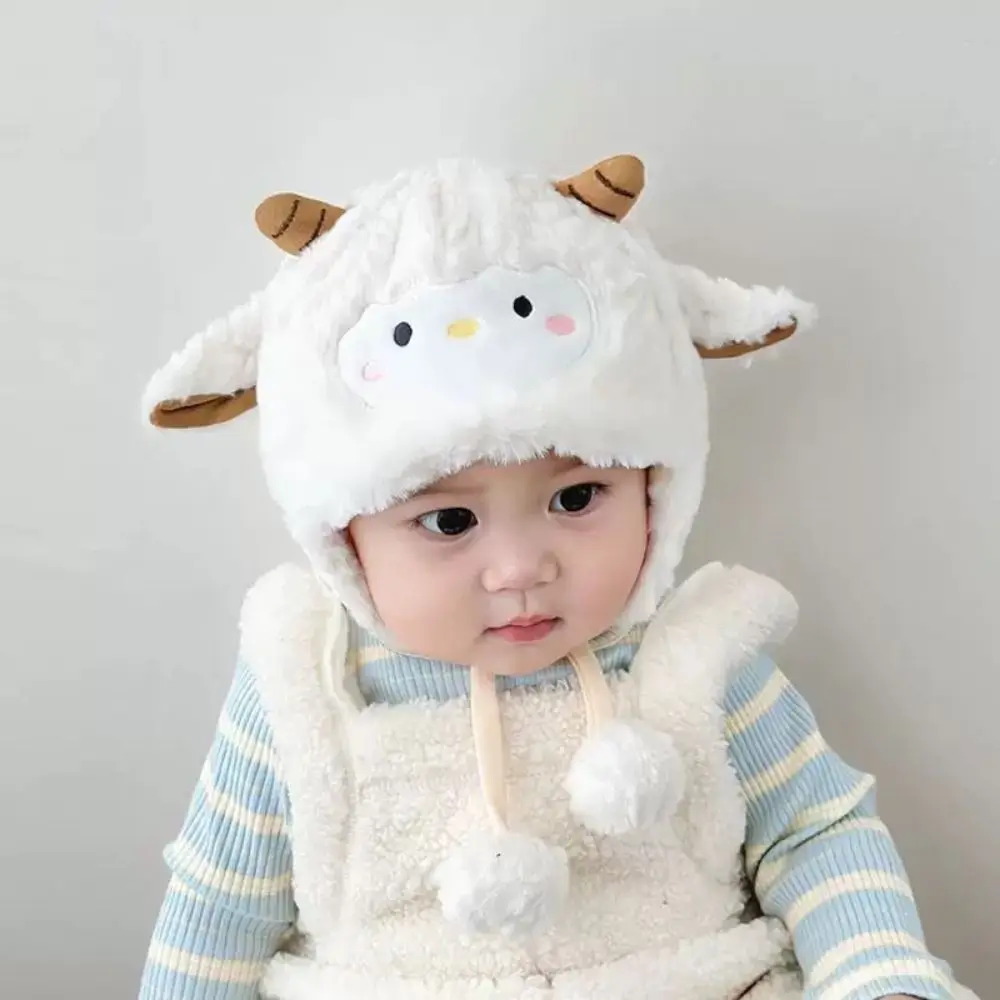 Chapéu de pelúcia de ovelha da criança kawaii engrossado macio bebê quente bonés respirável proteção de orelha dos desenhos animados gorro bonés tempo frio usar