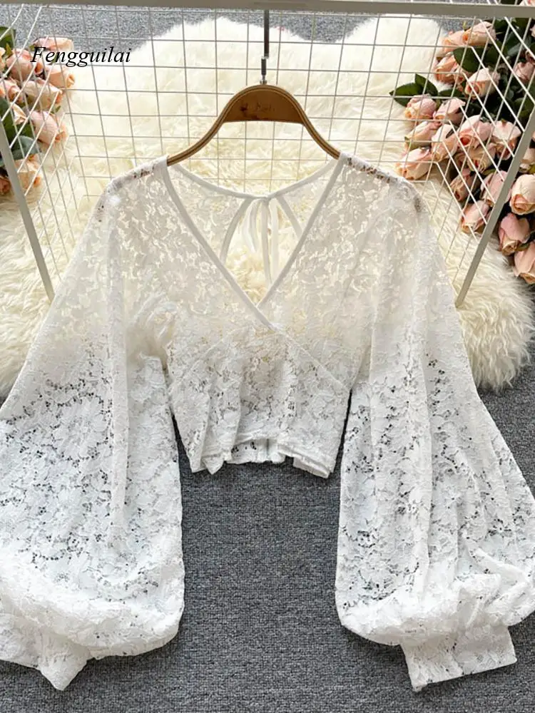 Autumn Black/white/brown Sexy Lace Blouse Women Elegant V-Neck Puff Long Sleeve Open Back Short Tops Female Party Blusas 2022