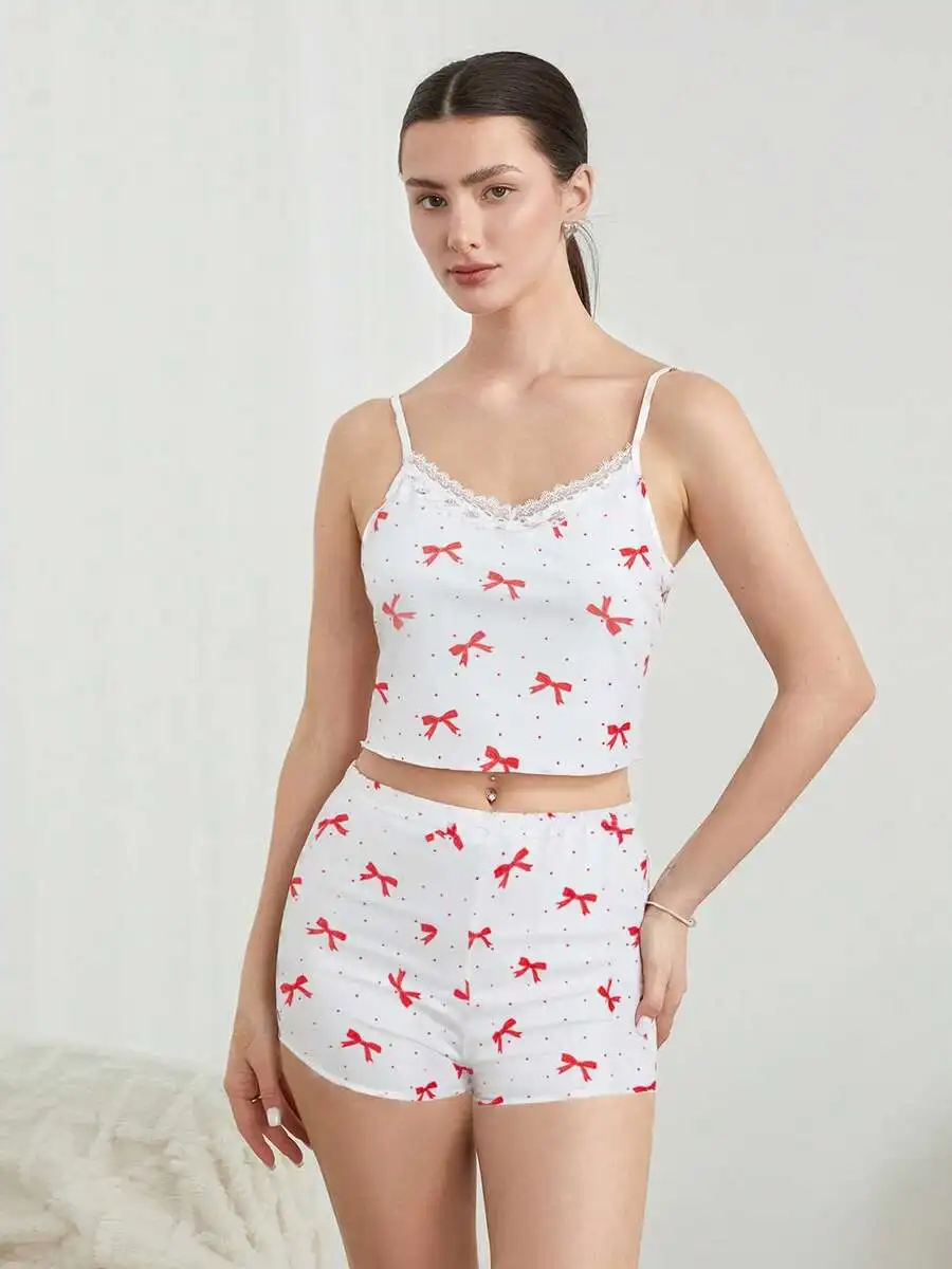 

Women 2 Piece Pajama Set With Lace Trim Bow Print Camisole And Shorts Sleepwear Loungewear