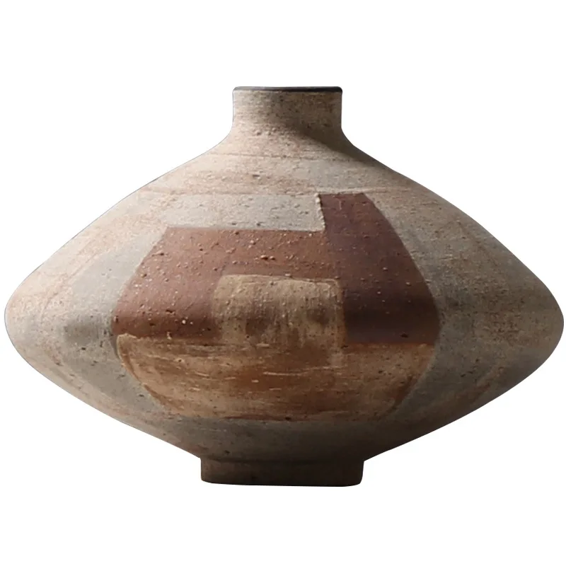 Hand-thrown Patchwork Pottery Vase, Retro Distressed Texture, Artistic Flower Holder for Tea Room and Study Decor