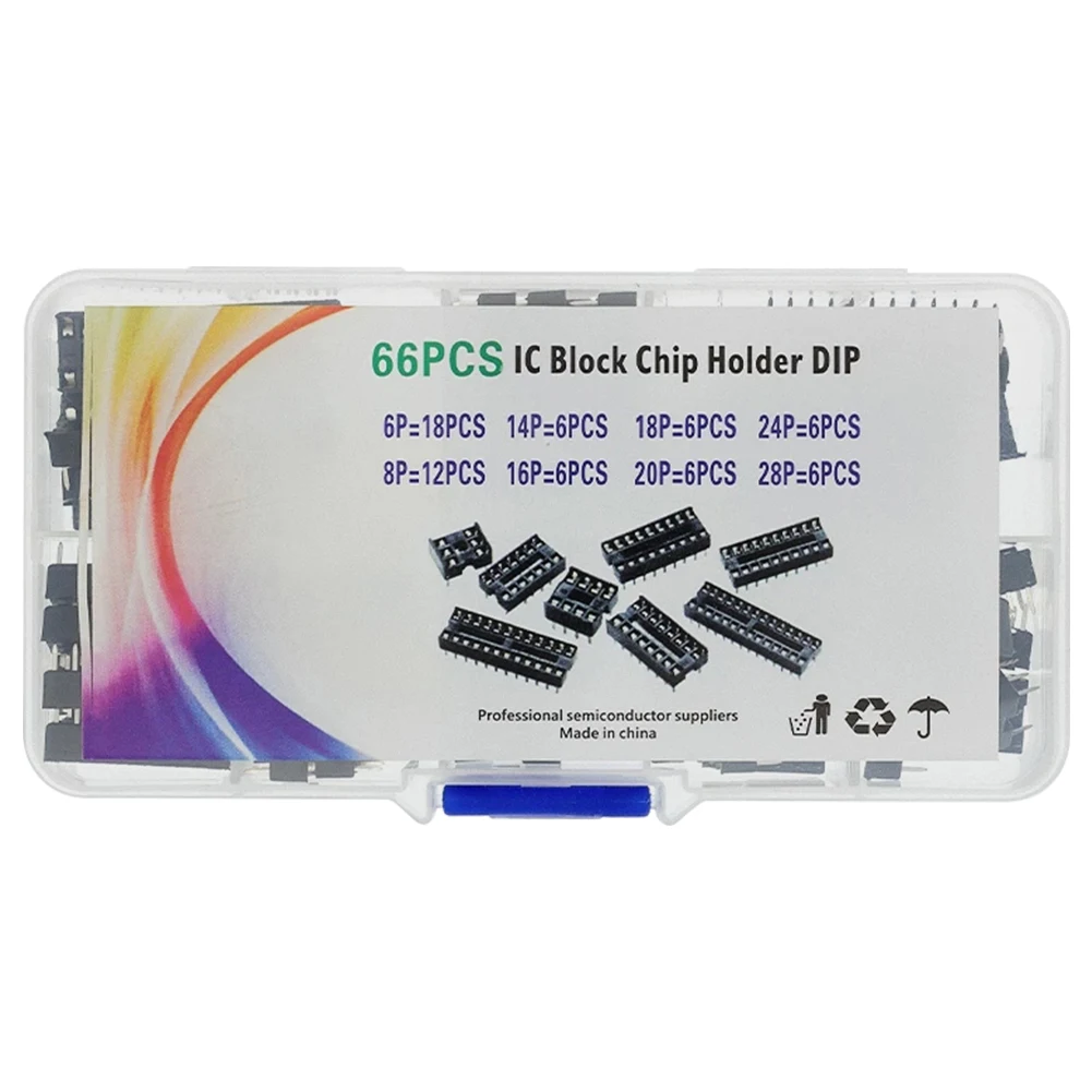 66PCS/Lot IC Socket DIP Chip Holder 6 8 14 16 18 20 24 28Pin Integrated Circuit IC Chip Socket Set IC Sockets