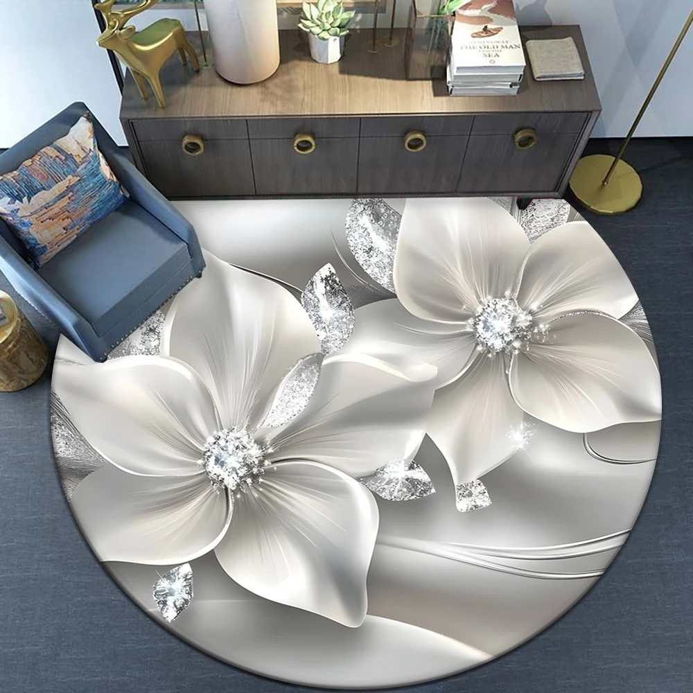 Elegant Metallic Silver Flower Circular Rug  Sparkling Diamond Accent Soft Round Area Carpet Dressing Chair Mat