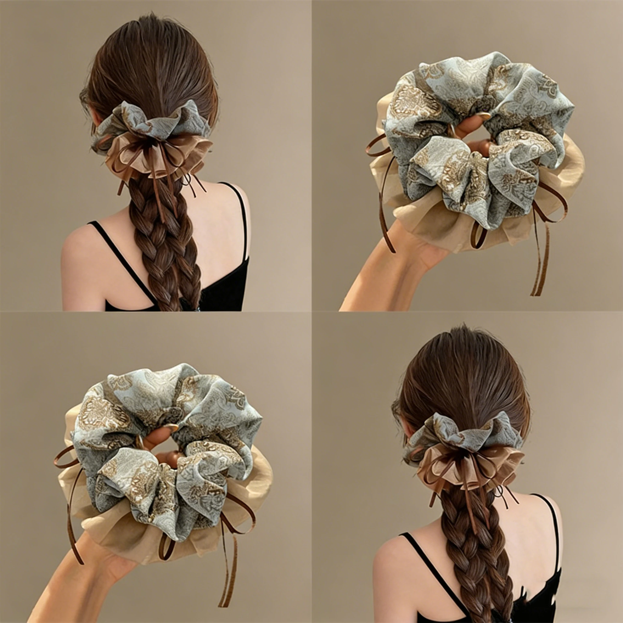 1pc Double-Layer Fabric Scrunchie Light Blue Patterned Beige Textiles Brown Ribbon Vintage Elegant Tones Detail Styles Accessory