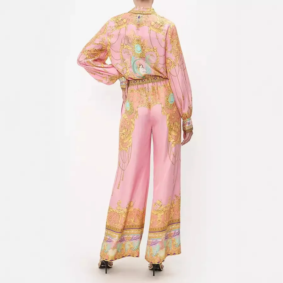 ملابس السباحة التستر الشاطئ النساء فستان صيف 2025 قفطان صيدا دي برايا جديد الترفيه عطلة طويلة الأكمام الوردي قميص مطبوع السراويل