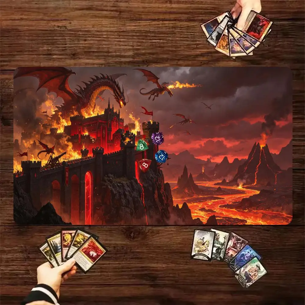 60X35cm Fire Dragon Volcano Castle Playmat Large Table Mat with Stitched Edge Non-Slip Rubber Desk Pad for Card Gaming