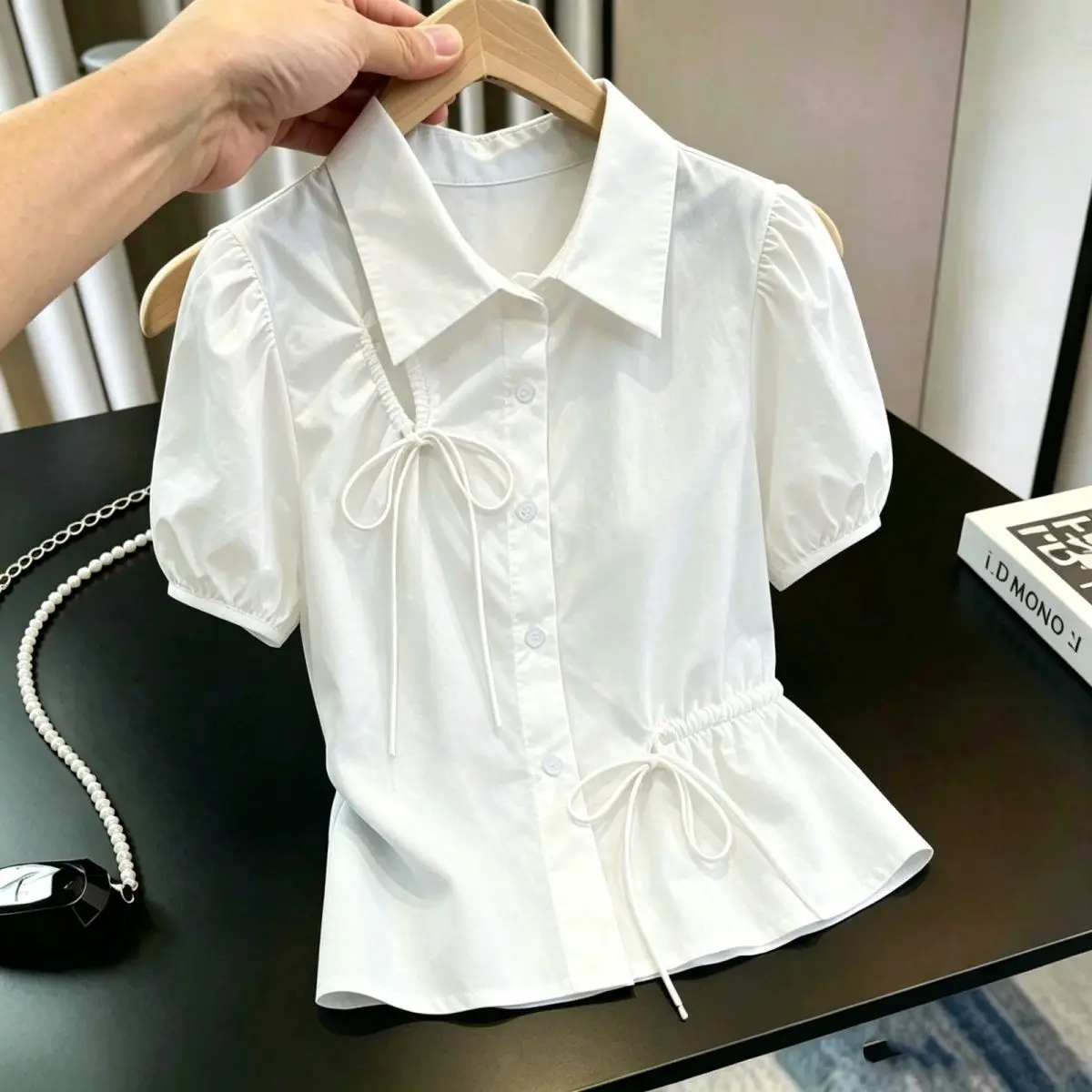 

Women's Summer Short Sleeve Shirt Bow Knot Design Sensation Drawstring Corded Top Small Audience Versatile Collar Blouse