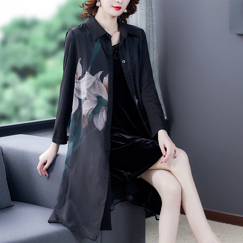 

2023 Autumn New Silk Flower Print Long Sleeve Coat Coat Women's Polo Neck Loose Large Size Slim Knee Length Windbreaker Robe