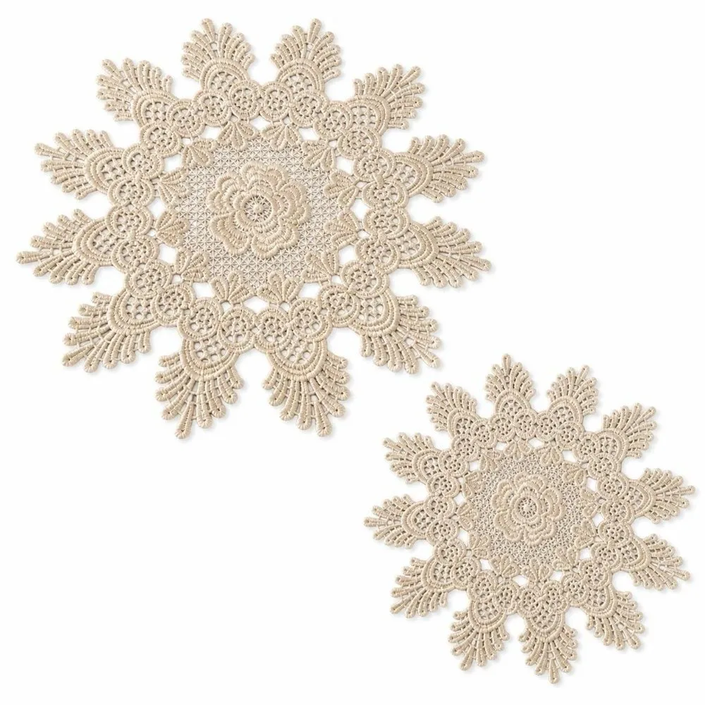 2pcs Retro Embroidered Lace Table Cloth Hollow Out Tea Pad Mat Beige Crochet Lace Doily Round Lace Placemat Home Decor