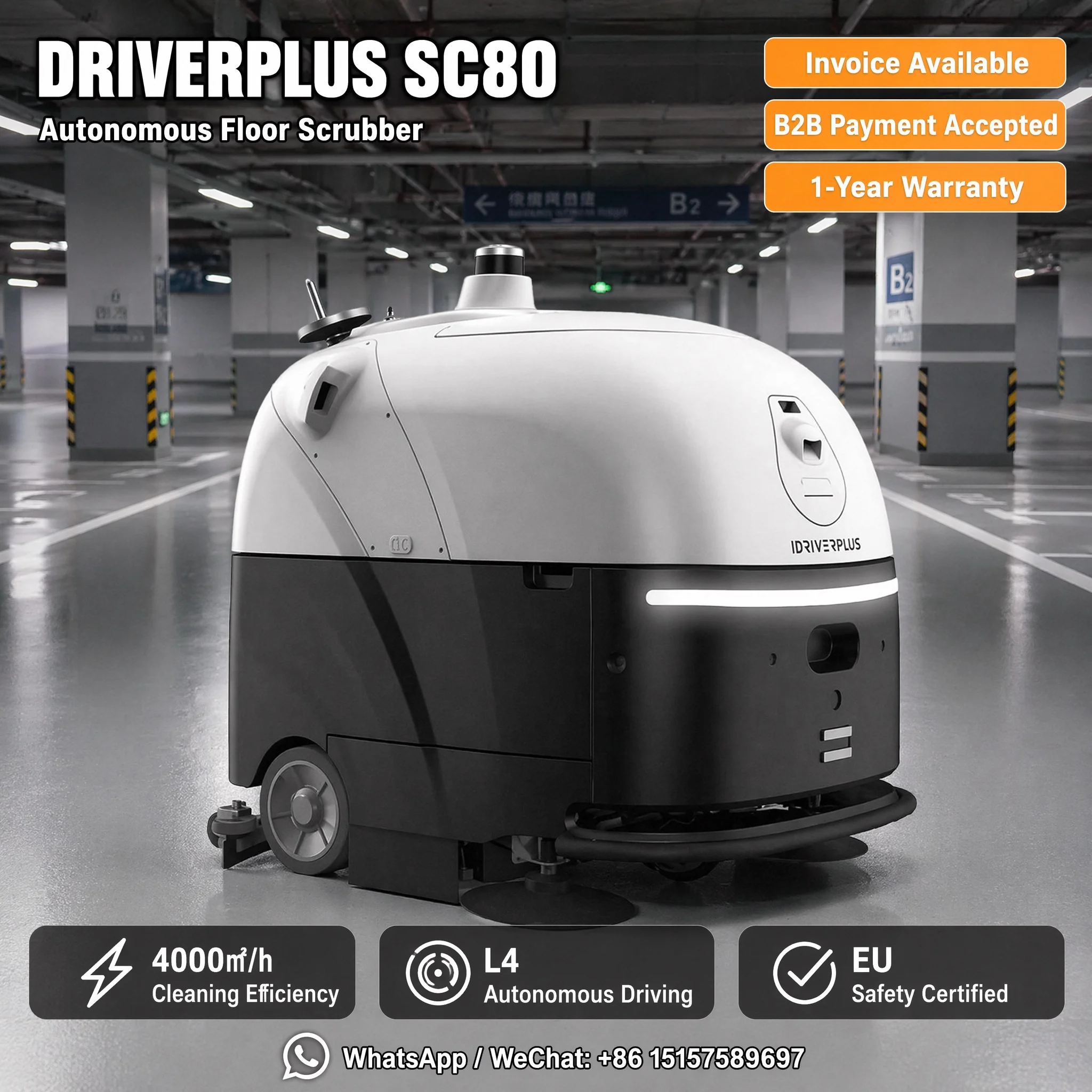 DRIVERPLUS SC80 Autonomous Floor Scrubber Robot L4 Self-Driving Commercial Cleaning Machine 4000㎡/h EU Certified 1-Year Warranty
