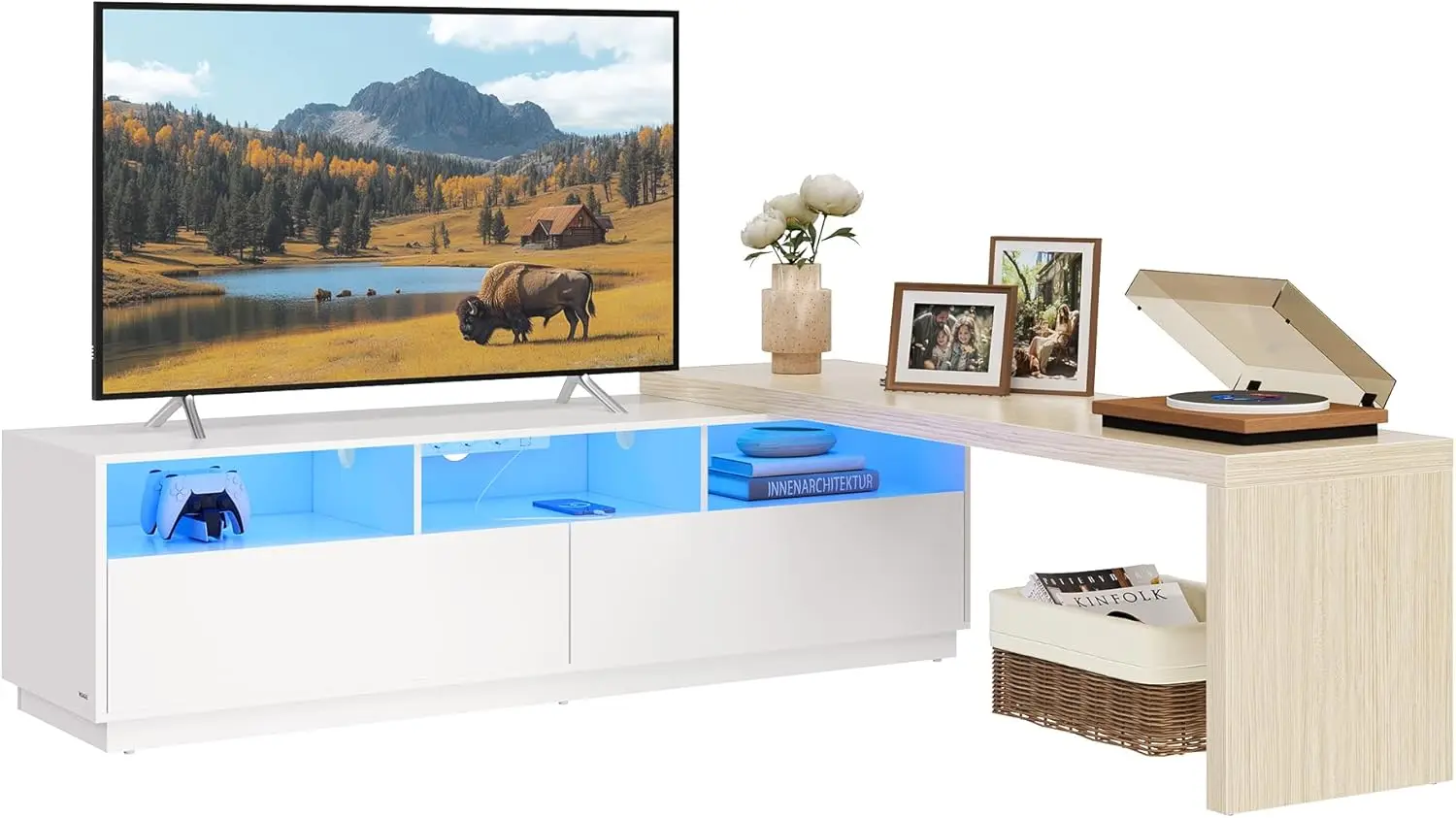 VASAGLE TV Stand with Power Outlet, Adjustable Length 63.8-106 Inches, Modular L-Shaped TV Console Table, LED Light, Fits Large