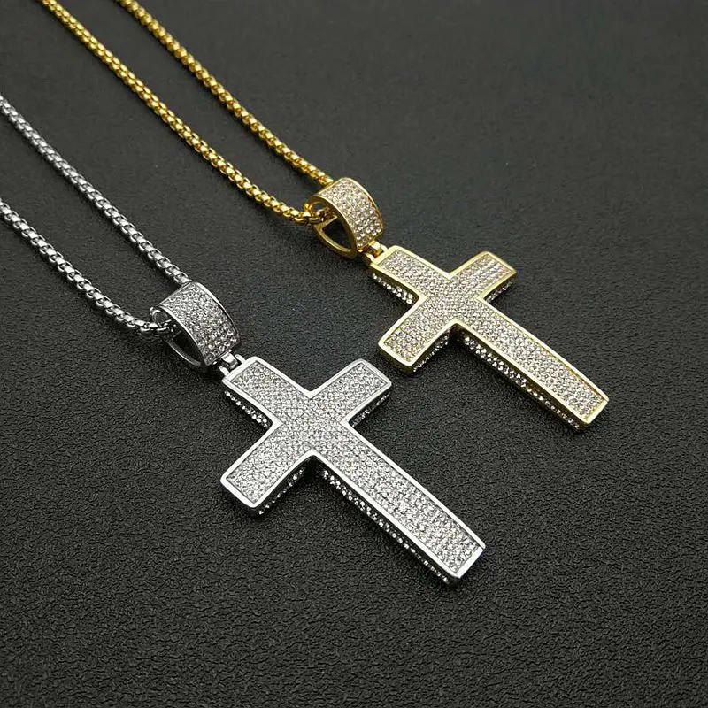 Fashion cross collar hip hop jewelry titanium steel vacuum gold-plated rhinestone pendant necklace