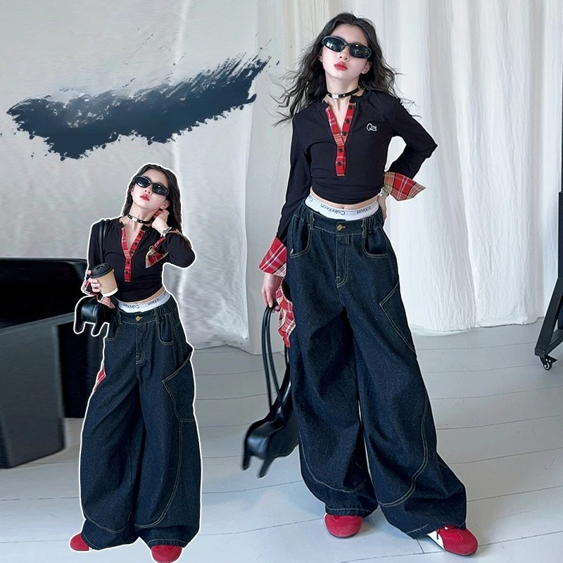 

design teen girls clothes set Long sleeved plaid patchwork polo collar T-shirt+wide leg jeans 2pcs junior kid suit child outfits