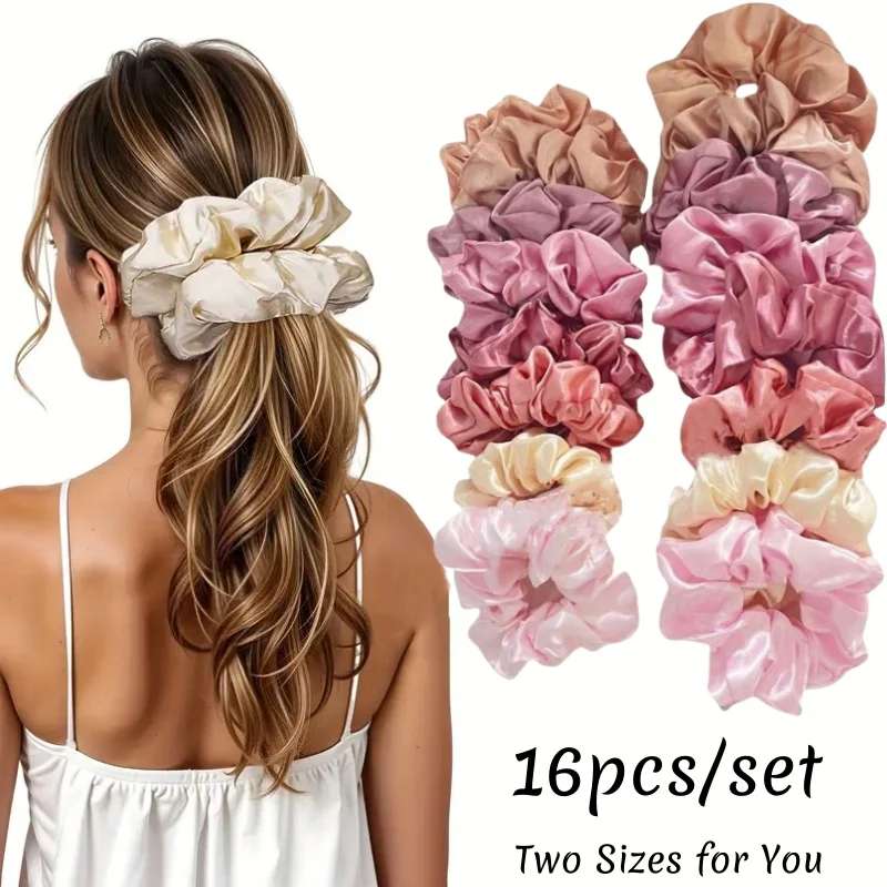 16pcs Soft Satin Scrunchies Elegant High Elasticity Hair Band Fashion Solid Color Hair Ties Large Ponytail Holders for Women