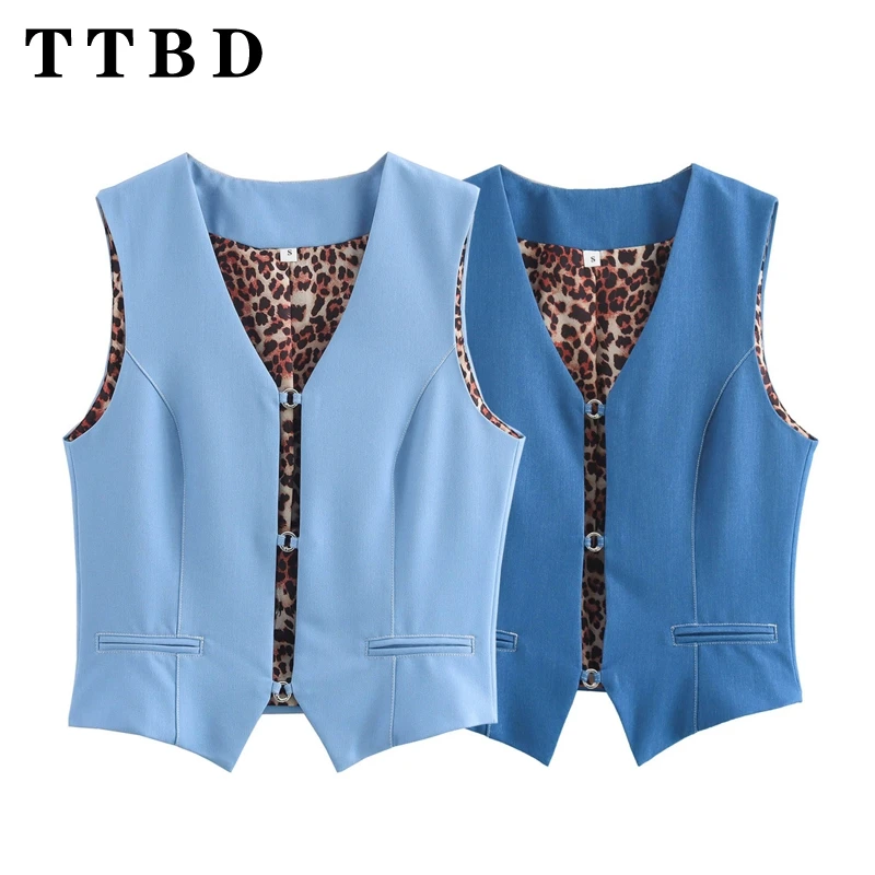 

TTBD 2024 New Fashion Women's Cropped Waistcoat Vintage V Neck Sleeveless Front Buttons Chic Outerwear Tops