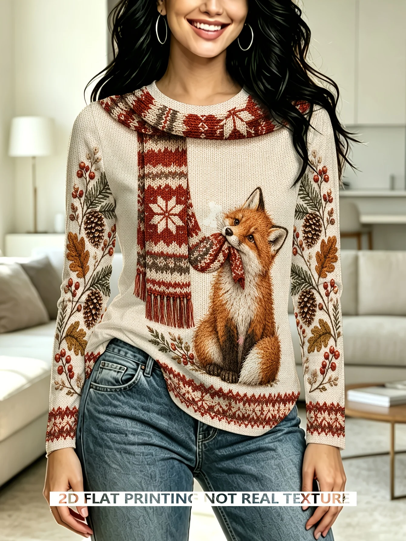 Women's Long Sleeve T-Shirt, Fox Wearing Scarf And Autumn Leaves Print, All-Winter Holiday Style Top Suitable For Leisure And Sports Scenarios