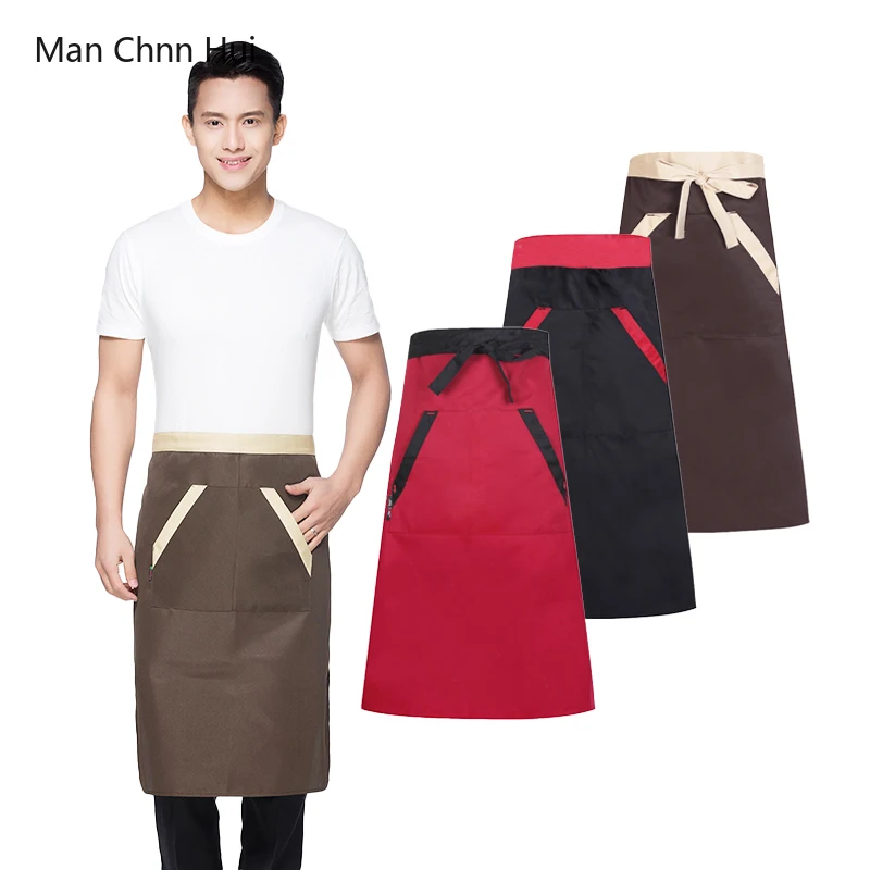 Restaurant Kitchen Cuisine Cooking Apron Canteen Men and Women Chef Length Apron Hotel Bakery Female Waiter 2 Pockets Apron