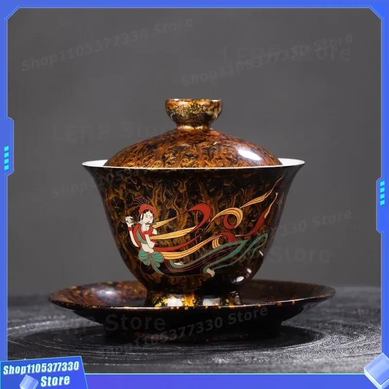 Handmade Natural Lacquer Bowl Hand Painted Retro National Style High End Intangible Cultural Heritage Tea Set Companion Gift