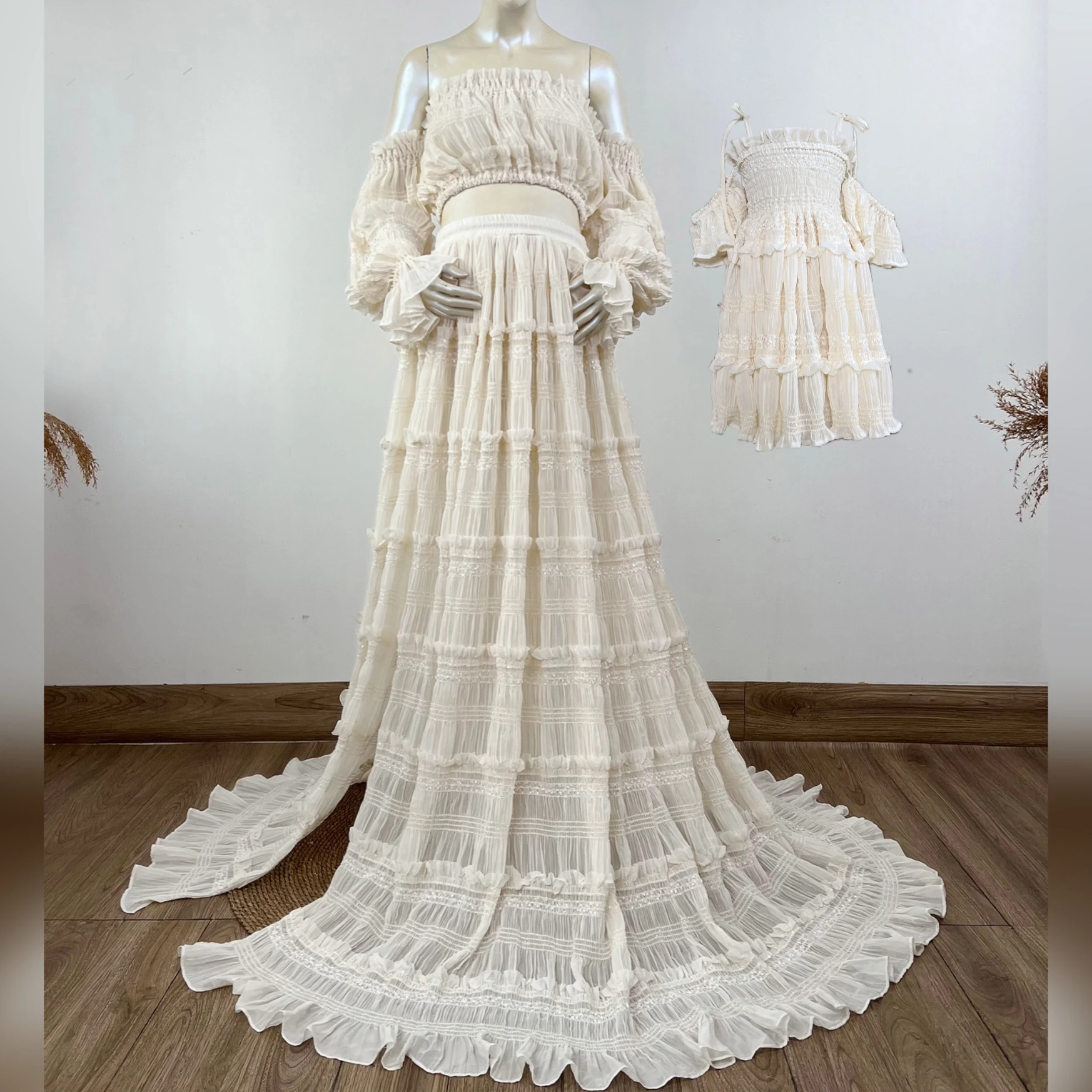 

Mommy and Daughter Ruffled Pleated Chiffon Parent-Child Dress Photography Clothing Pregnancy Gowns Flower Girl Dresses Photo