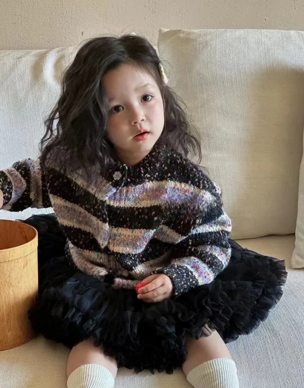 

Kids Sweaters New 2024 Autumn Winter Fashion Korean Warm Striped Simple Style Colorful Dots Loose Coat