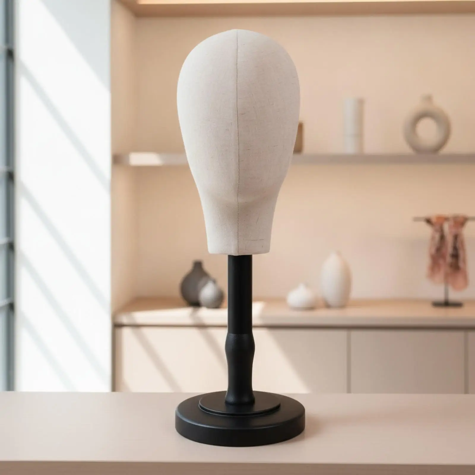Freestanding Fabric Hat Display Mannequin Head on Wooden Base for Boutique Merchandising