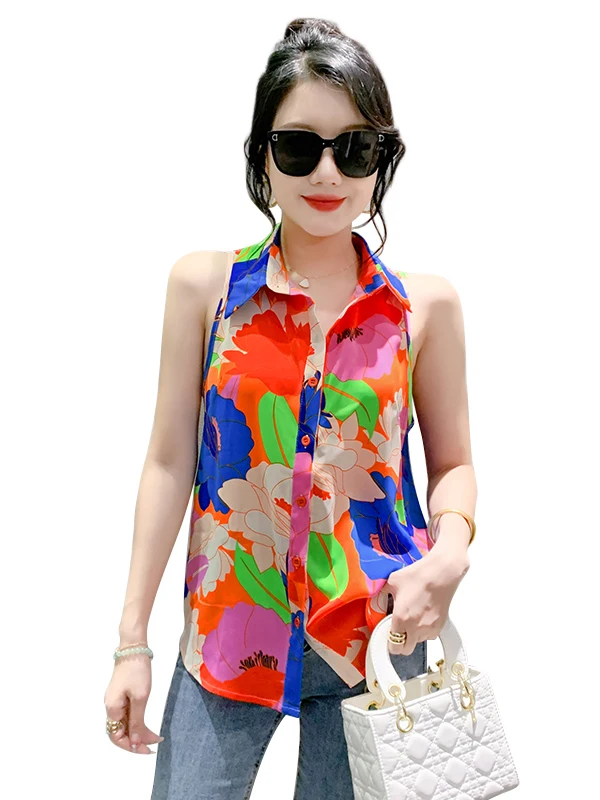 Coleção Verão 2025: Nova Blusa Feminina Casual com Estampa Floral, Proteção UV e Gola, em Fibra de Poliéster, Caimento Solto