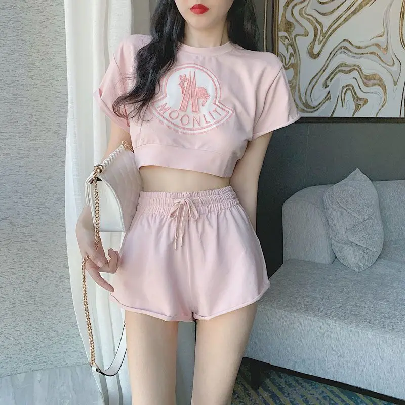 Hikigawa Chic Fashion Short Sleeve Kawaii Letter O Neck Women Tops + Slim All Match Drawstring Short Pants New 2 Sets Ropa Mujer