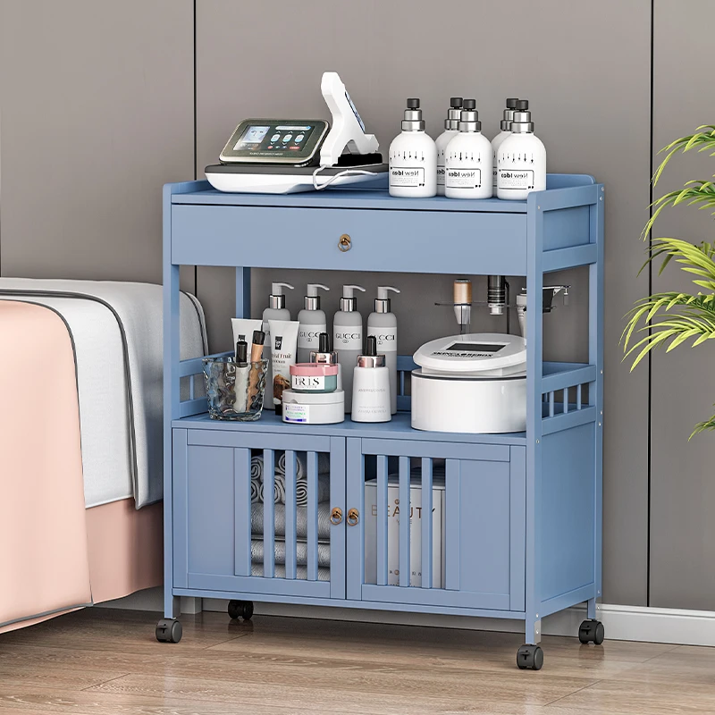 Simple Bamboo Beauty Cabinet Large Capacity Salon Trolley Multi-Tier Cosmetic Instrument Carrier Hairdressing Tool Storage Rack