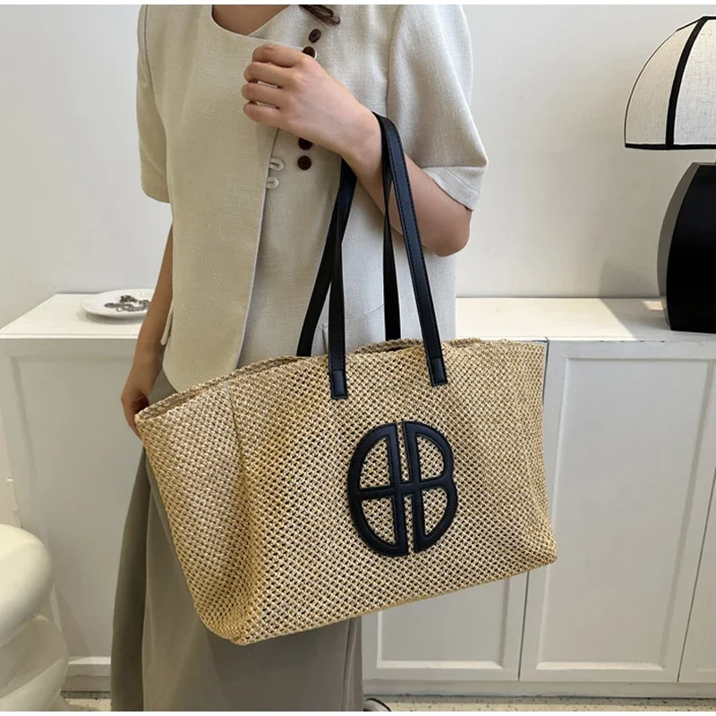 Straw Hollow Out Knitting Tote Bag Large Capacity Handmade Shoulder Handbag Women 2024 Designer Casual Beach Bag Ethnic Style