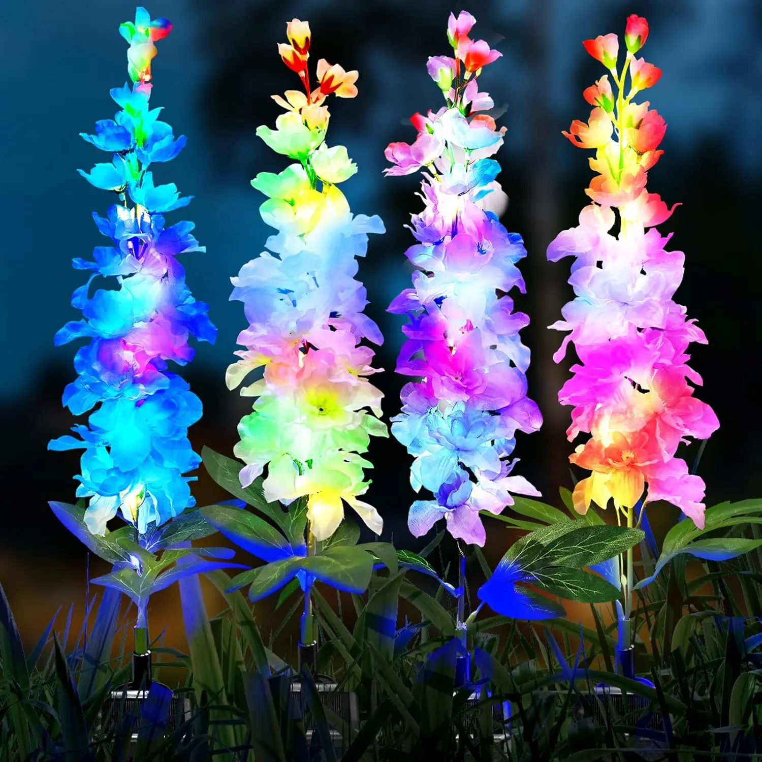 Zonne-Energie Tuinverlichting 4 Pack Solar Delphinium Bloemen Verlichting Waterdichte Kleur Verlichting Geüpgraded Zonnepaneel 2 Lichtmodi Solar Led