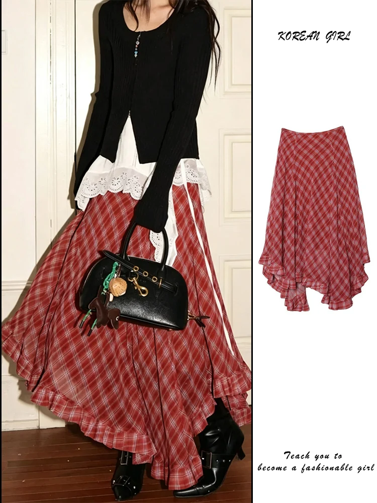 Red Plaid Asymmetrical Hem A-Line Skirt Women's Early Autumn High-End Feeling Wooden Ear Long Skirt Casual Skin-Friendly Brea...