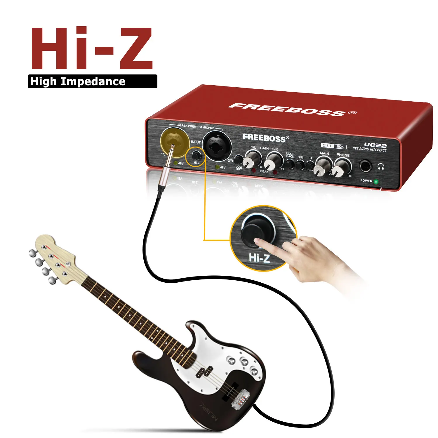 FREEBOSS 24Bit 192KHz Audio Interface Professional PC Stereo Recording Guitar 48V 2 XLR Mic Input USB External Sound Card UC22