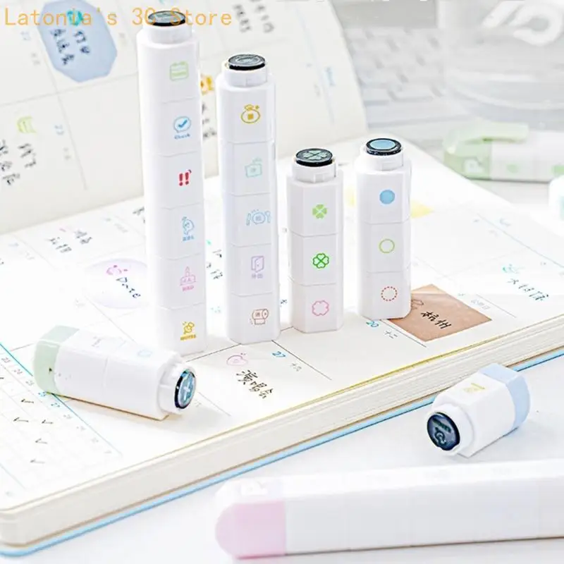 Scrapbooking Decorative Stamp 6 Pattern in 1 Cartoon ABS Stamp Marker Pen For Students Artists Journal Planner Diaries X3UB
