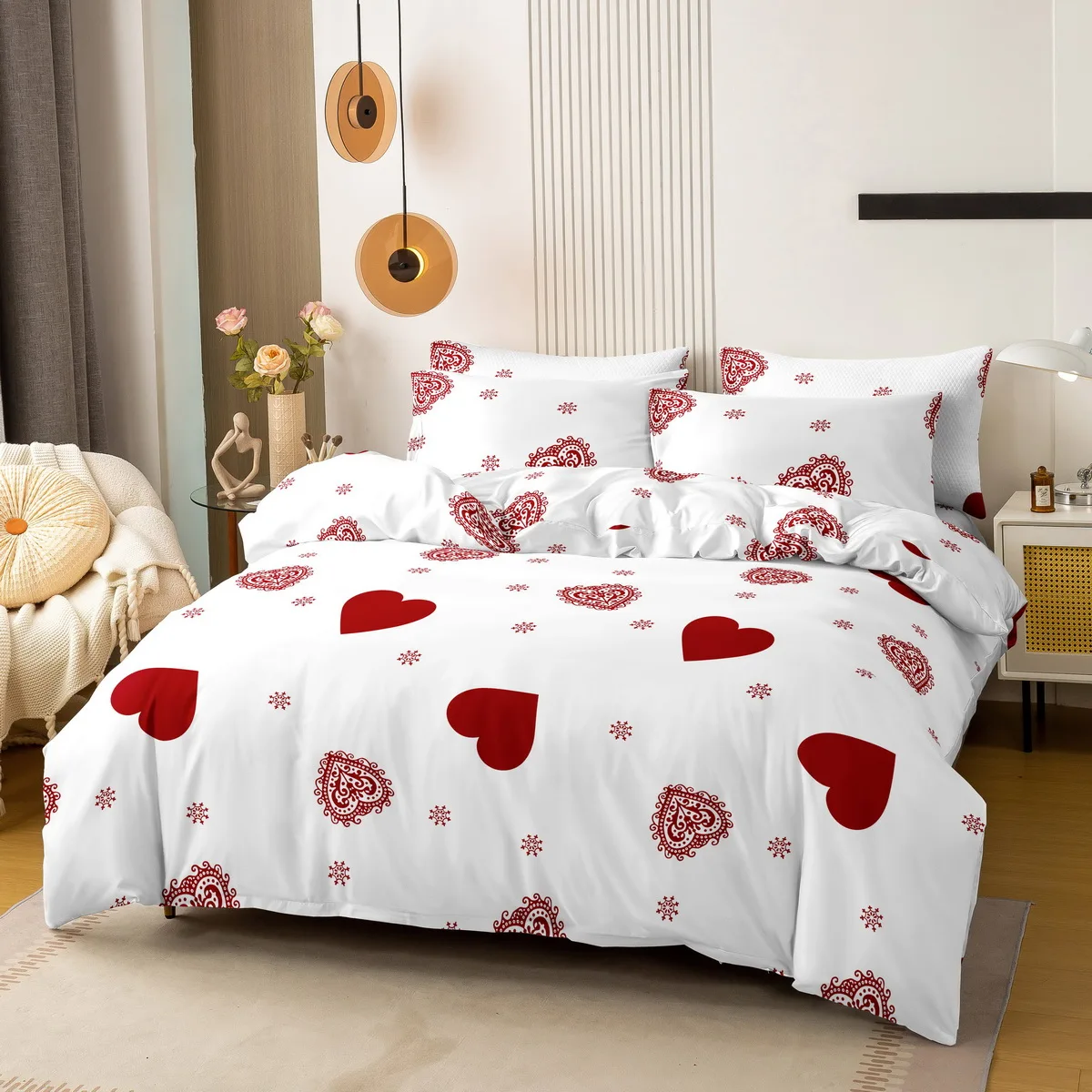 Luxury White Red Heart Duvet Cover Pillowcase,Home Bed Set,Bedding Set,Full Single King Queen(Excluding Bedsheet)Bed Set