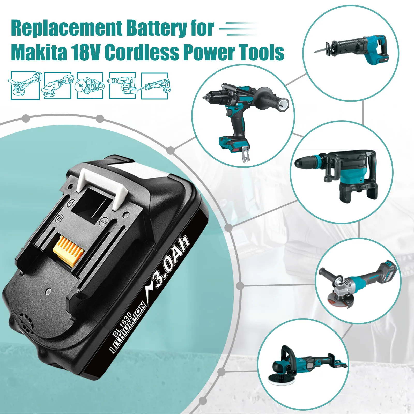 Batterie Ion Eddie pour Makita, 18V, 3,0 Ah, BL1815, BL1830, BL1850, BL1860, LXT400, 194205-3, outils électriques sans fil