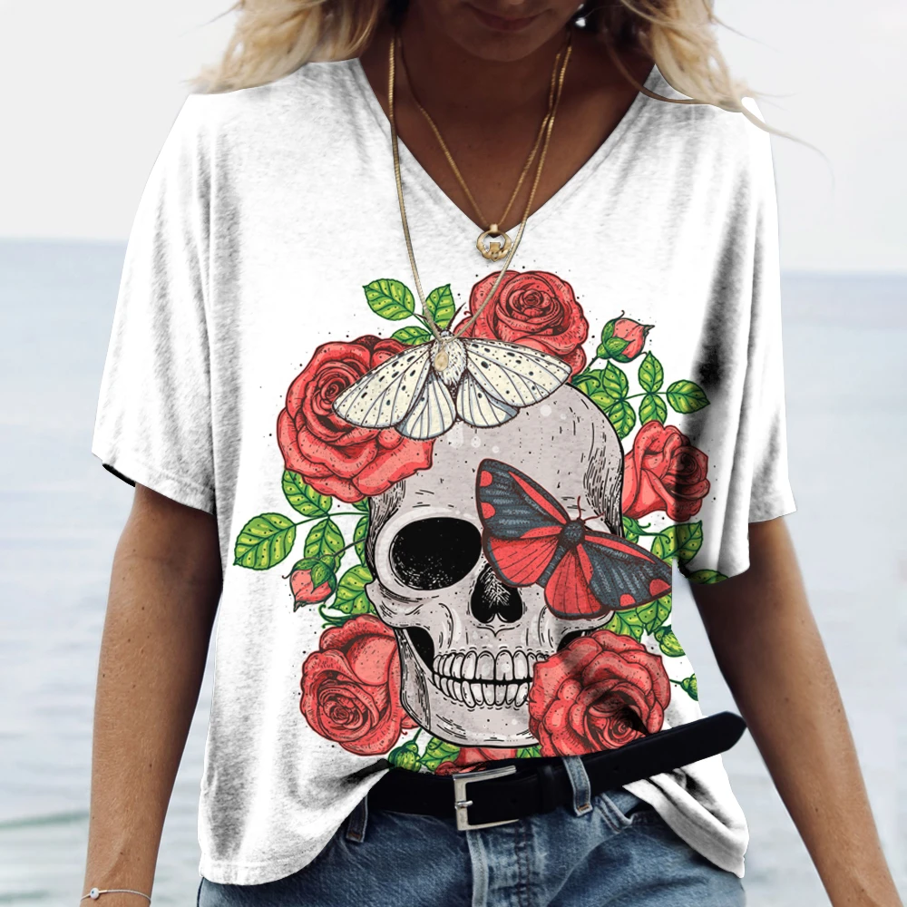 Women's T Shirt Skull Pattern Printed T-Shirt Top Day Of The Dead Women Costume Summer Fashion Streetwear Casual Female Clothing