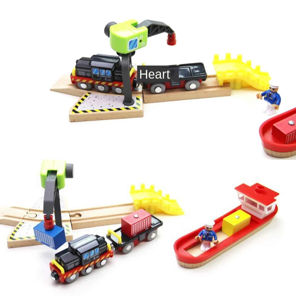 Wooden Dock Loading Crane Cargo Ship Toy Set Scene Compatible With Train Wood Track Children  Track Series Toy Accessories